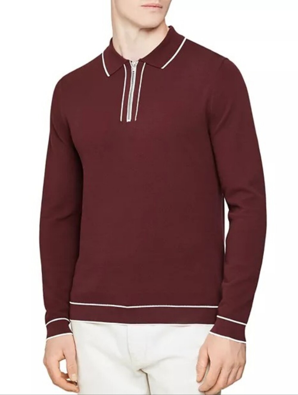 Reiss Lanark Piqué Tipped Collared Neck Quarter-Zip Polo Sweater In Maroon M